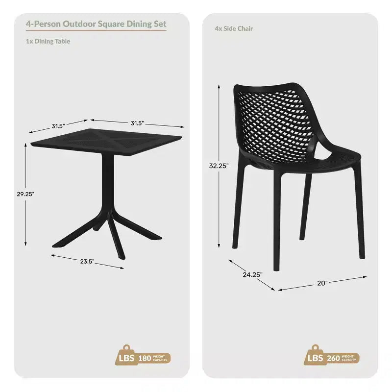 Conjunto de mesa de comedor para patio WestinTrends Playa, moderno, cuadrado, de 5 piezas, con sillas de patio apilables