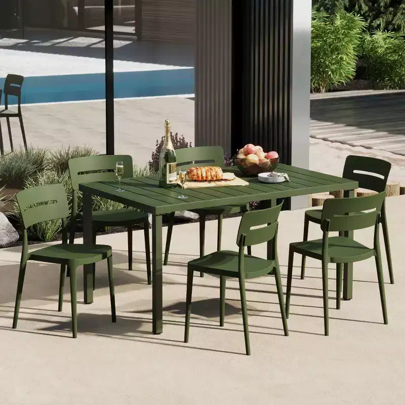 Conjunto de mesa de comedor rectangular de metal para patio exterior de 7 piezas WestinTrends Playa con sillas apilables para patio