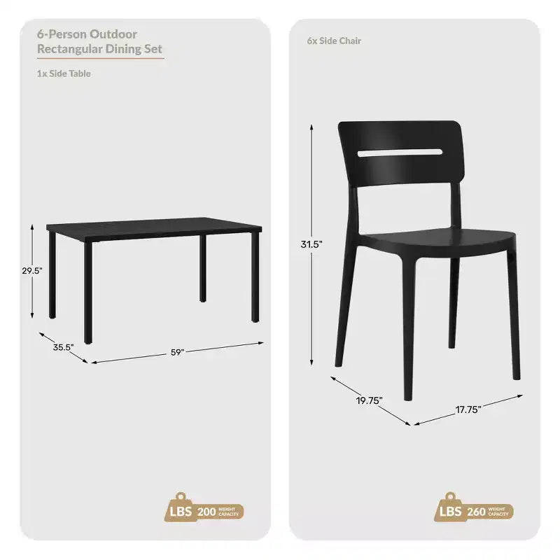 Conjunto de mesa de comedor rectangular de metal para patio exterior de 7 piezas WestinTrends Playa con sillas apilables para patio