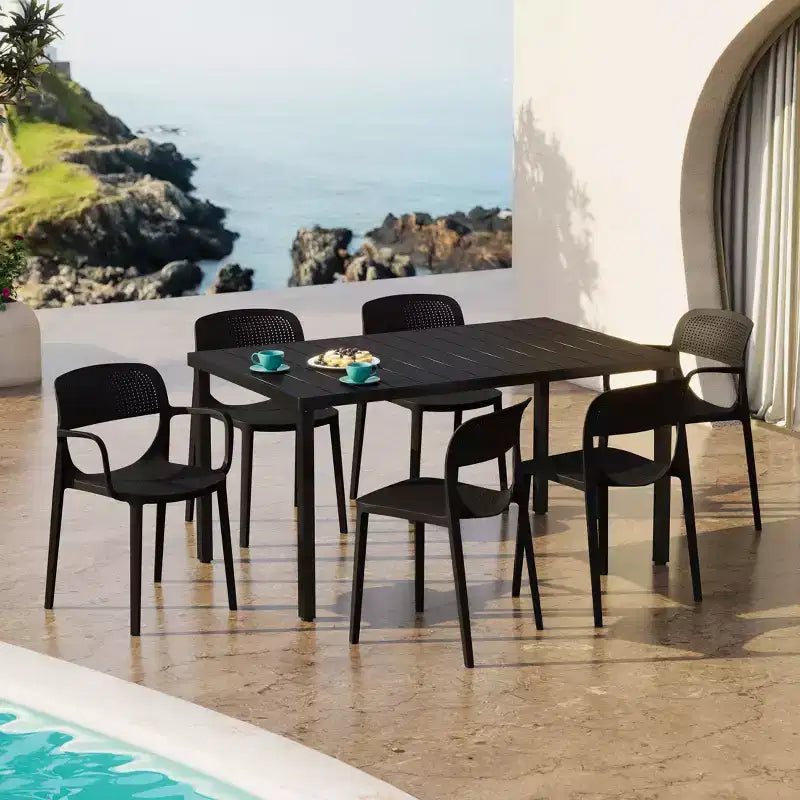 Conjunto de mesa de comedor rectangular de metal para patio de exterior de 7 piezas Playa de WestinTrends con sillas de comedor apilables para patio