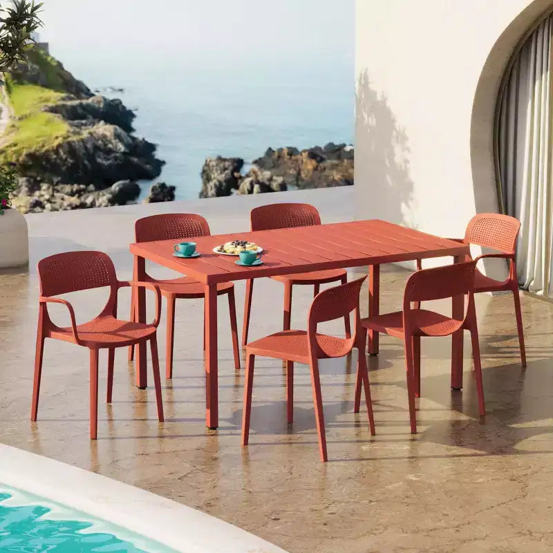 Conjunto de mesa de comedor rectangular de metal para patio de exterior de 7 piezas Playa de WestinTrends con sillas de comedor apilables para patio