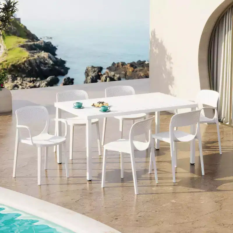 Conjunto de mesa de comedor rectangular de metal para patio de exterior de 7 piezas Playa de WestinTrends con sillas de comedor apilables para patio