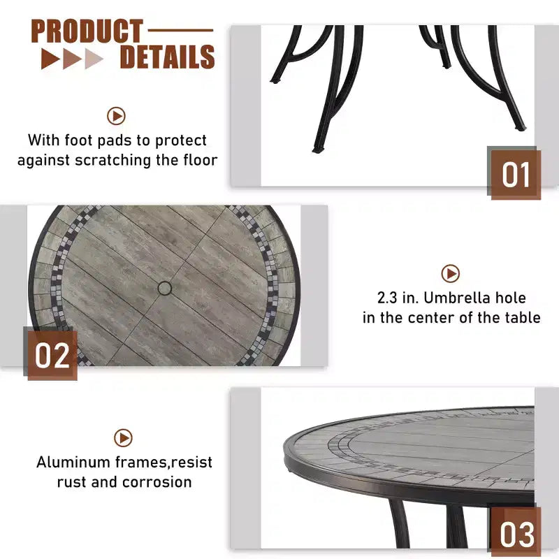 Ensemble de salle à manger d’extérieur en aluminium CLIHOME, 5 pièces, avec 4 chaises pivotantes à 360° et 1 table ronde de 48 po en carrelage céramique avec trou pour parasol