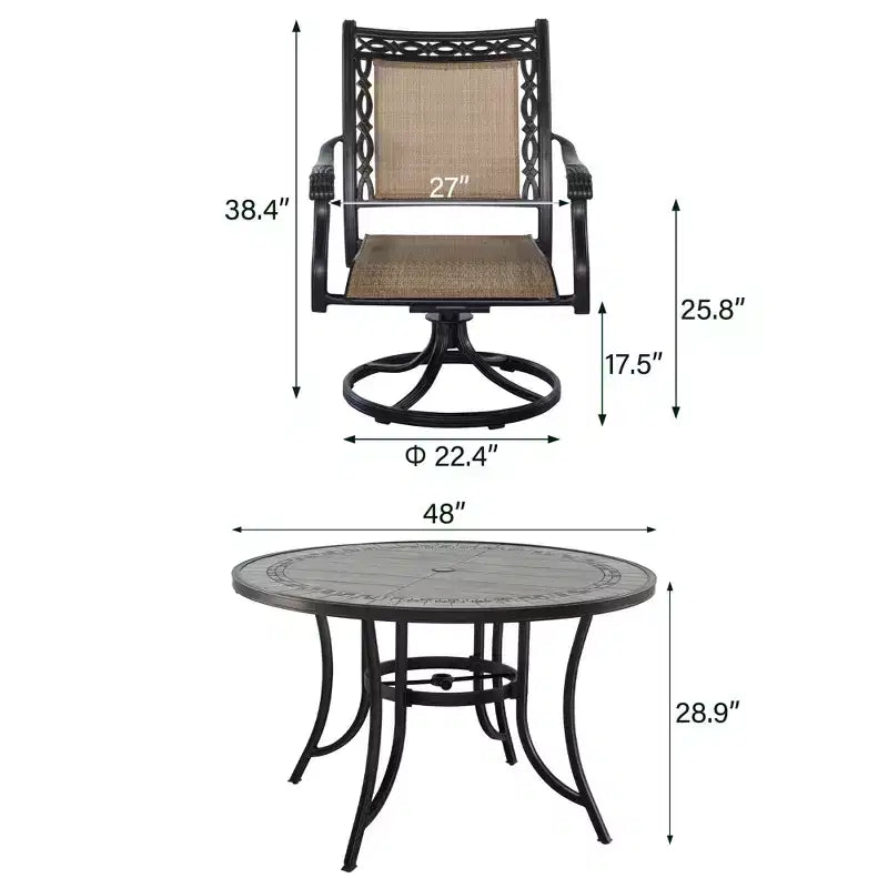 Ensemble de salle à manger d’extérieur en aluminium CLIHOME, 5 pièces, avec 4 chaises pivotantes à 360° et 1 table ronde de 48 po en carrelage céramique avec trou pour parasol