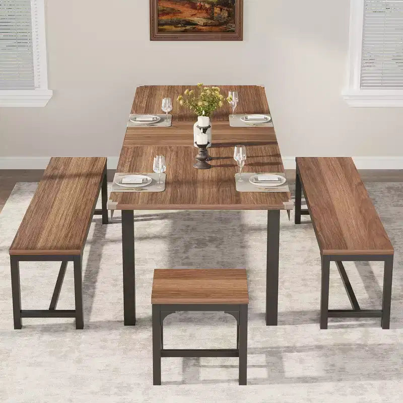5 Pieces Dining Table Set for 4-6, 63 Large Extendable Dining Room Table with Benches and Stools