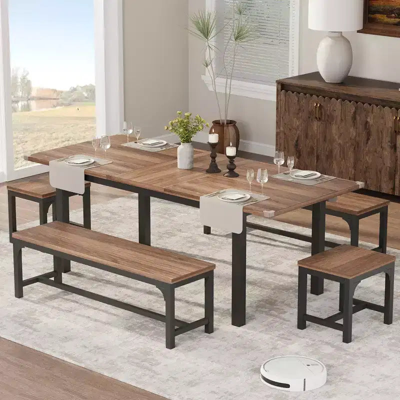 5 Pieces Dining Table Set for 4-6, 63 Large Extendable Dining Room Table with Benches and Stools