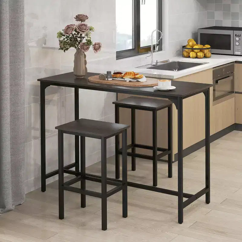 Costway 3 PCS Counter Height Table Set with Footrests Rectangular Pub Table & Chairs Brown/Gray/Black
