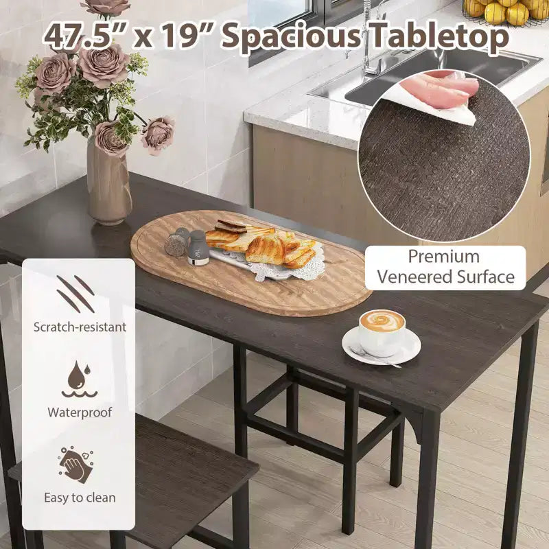 Costway 3 PCS Counter Height Table Set with Footrests Rectangular Pub Table & Chairs Brown/Gray/Black
