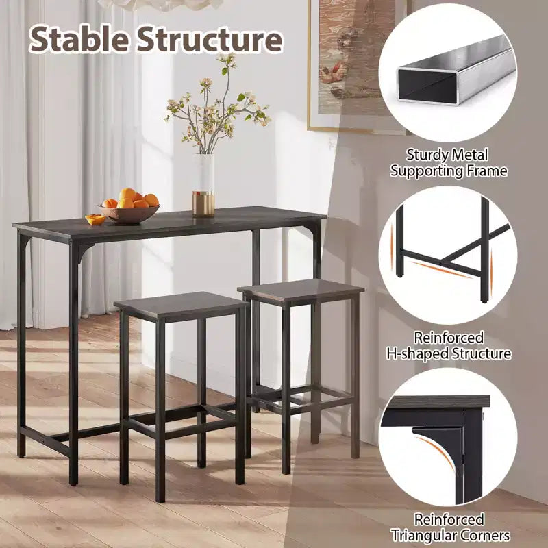 Costway 3 PCS Counter Height Table Set with Footrests Rectangular Pub Table & Chairs Brown/Gray/Black