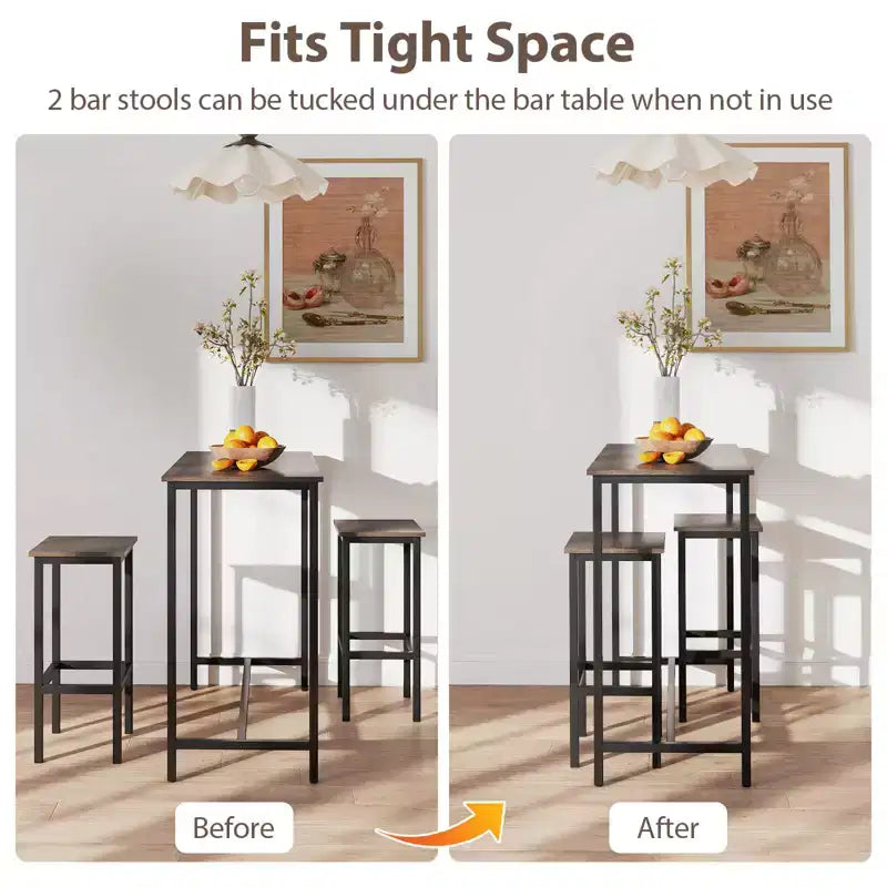 Costway 3 PCS Counter Height Table Set with Footrests Rectangular Pub Table & Chairs Brown/Gray/Black