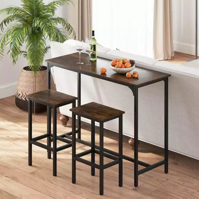 Costway 3 PCS Counter Height Table Set with Footrests Rectangular Pub Table & Chairs Brown/Gray/Black