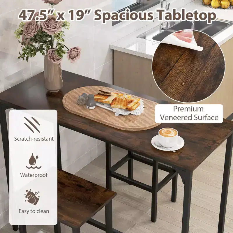 Costway 3 PCS Counter Height Table Set with Footrests Rectangular Pub Table & Chairs Brown/Gray/Black