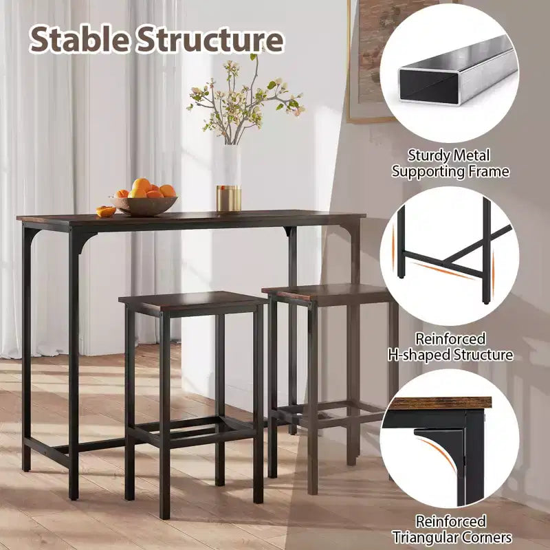 Costway 3 PCS Counter Height Table Set with Footrests Rectangular Pub Table & Chairs Brown/Gray/Black