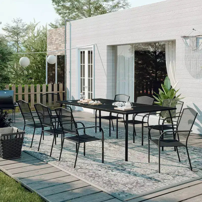 CLIHOME conjunto de comedor exterior de 9 piezas, conjunto de mesa y sillas con estructura de acero y malla
