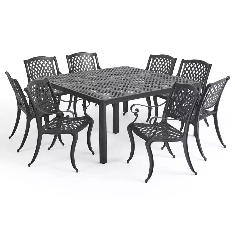 Christopher Knight Home Cayman traditionelles 9-teiliges Essplatz-Set für den Außenbereich aus Aluminiumguss mit Gitterstruktur und rundem 61,25-Zoll-Tisch mit Flechtmuster