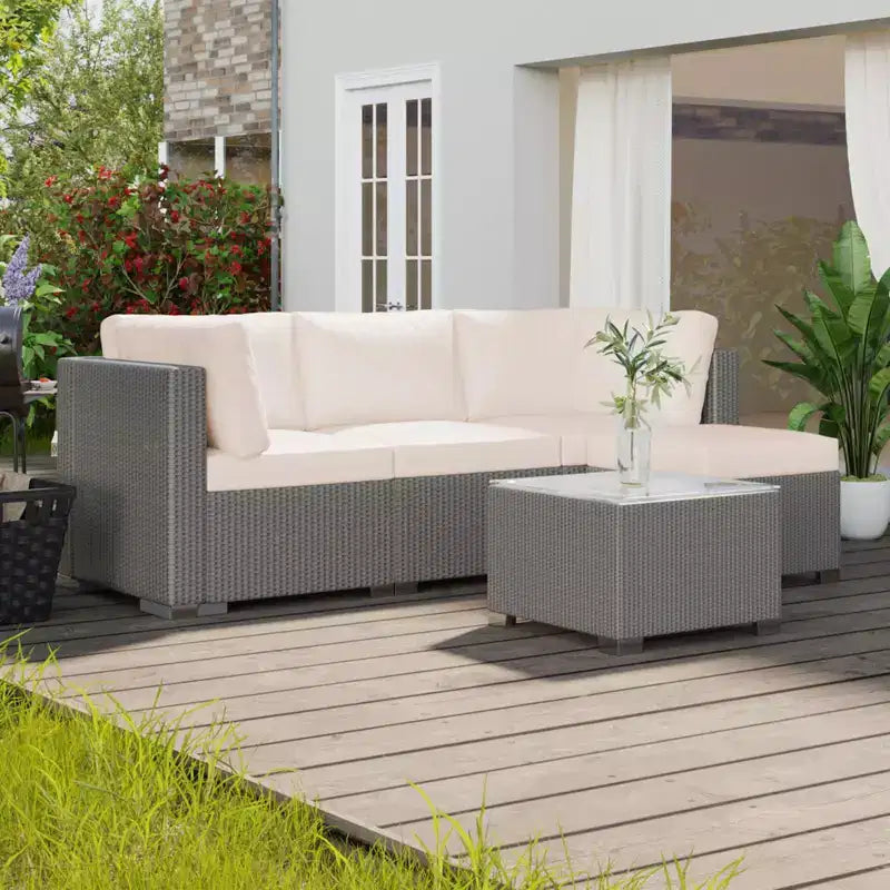 5-Piece Outdoor Patio Rattan Wicker Sofa Set, Pe Rattan Conversation Sectional with Thickened Back Cushion, Glass Tabletop, Ottoman, Beige