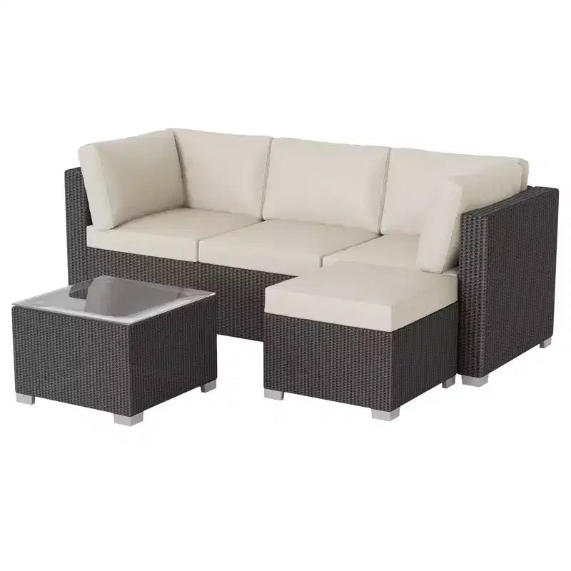 5-Piece Outdoor Patio Rattan Wicker Sofa Set, Pe Rattan Conversation Sectional with Thickened Back Cushion, Glass Tabletop, Ottoman, Beige