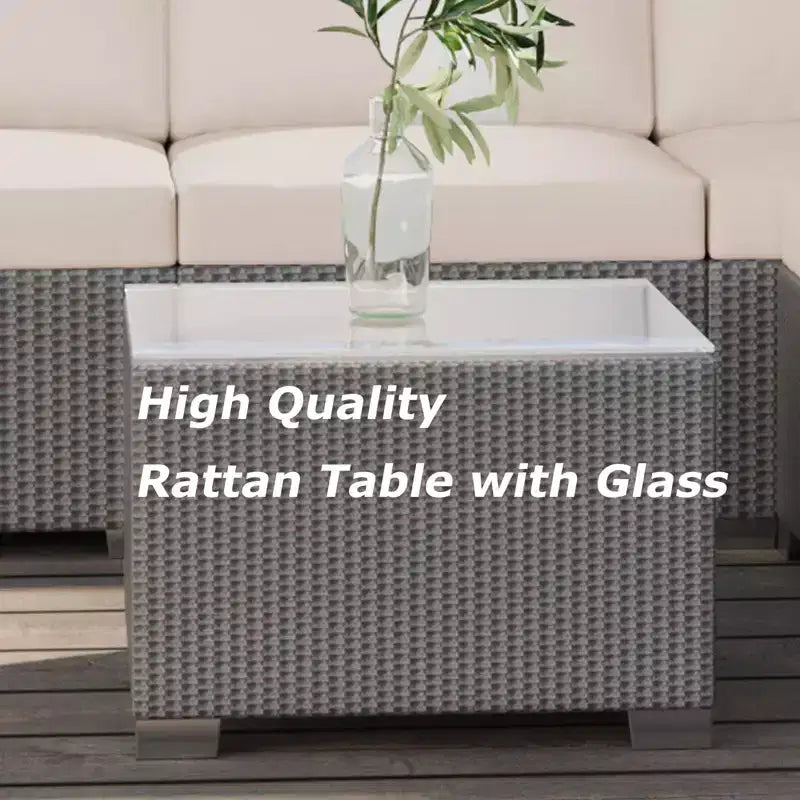 5-Piece Outdoor Patio Rattan Wicker Sofa Set, Pe Rattan Conversation Sectional with Thickened Back Cushion, Glass Tabletop, Ottoman, Beige