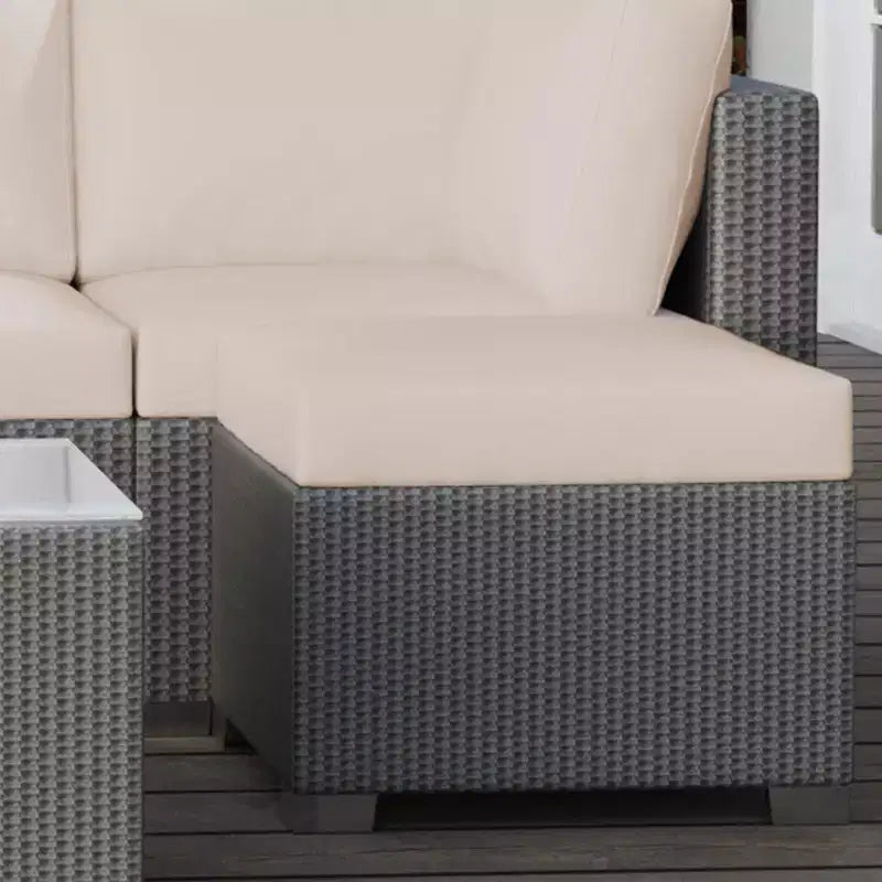 5-Piece Outdoor Patio Rattan Wicker Sofa Set, Pe Rattan Conversation Sectional with Thickened Back Cushion, Glass Tabletop, Ottoman, Beige
