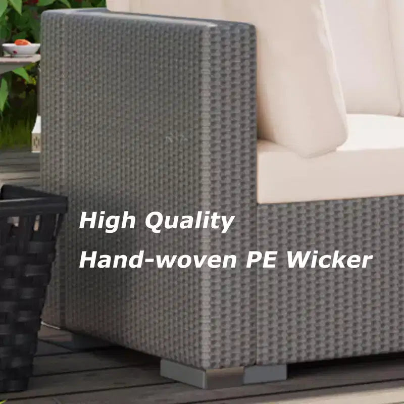 5-Piece Outdoor Patio Rattan Wicker Sofa Set, Pe Rattan Conversation Sectional with Thickened Back Cushion, Glass Tabletop, Ottoman, Beige