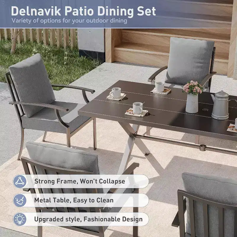 ALAULM 7 Piece Patio Dining Set Outdoor Furniture, Metal Patio Furniture Set 6 Fixed Chairs and Large Table