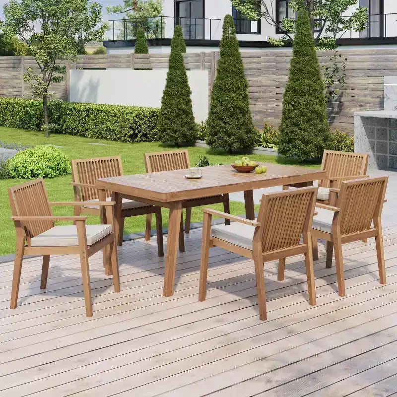 Christopher Knight Home Caitlyn conjunto rústico de comedor para patio de 7 piezas de madera de acacia con cojines