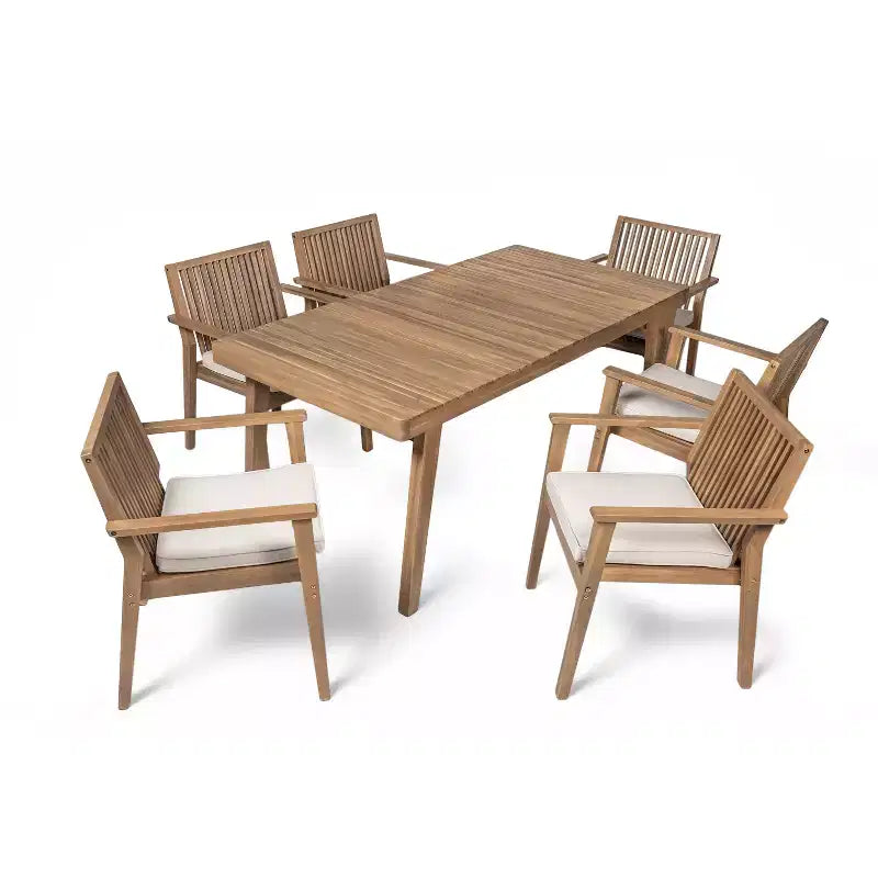 Christopher Knight Home Caitlyn conjunto rústico de comedor para patio de 7 piezas de madera de acacia con cojines