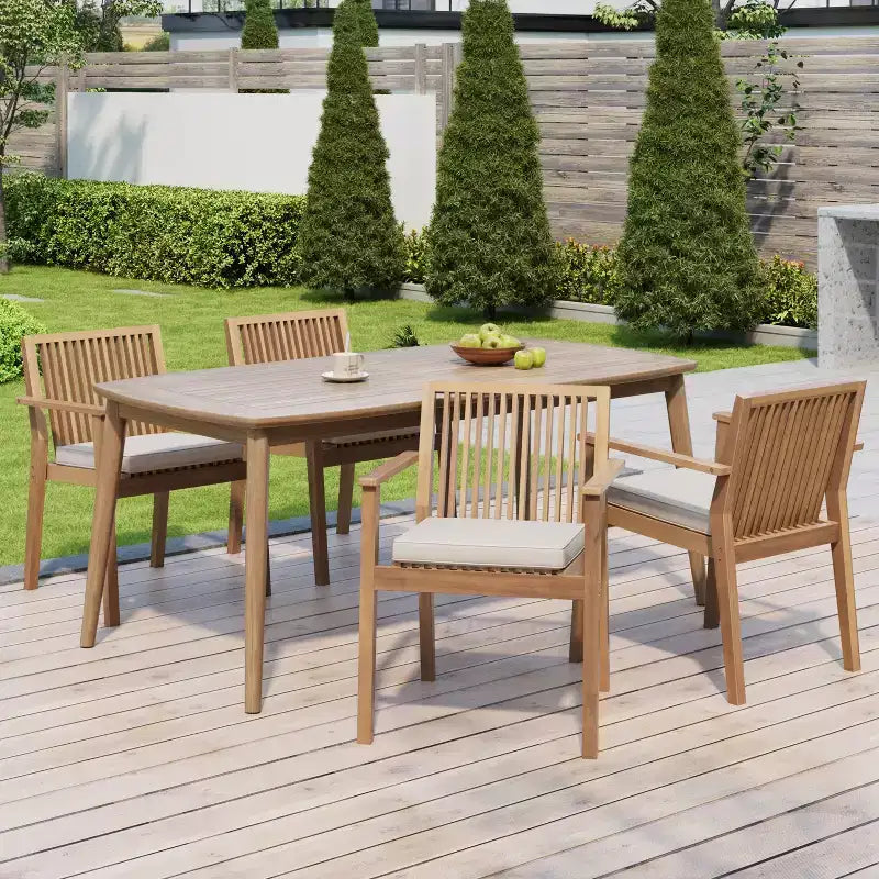 Conjunto de comedor rústico para patio Christopher Knight Home Akshan de 5 piezas de madera de acacia con cojines