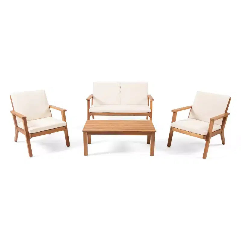 GDFStudio Avacyn Outdoor Acacia Wood 4 Seater Chat Set with Water Resistant Cushions