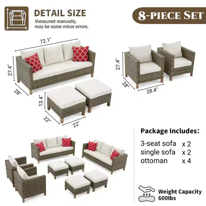 8 Piece Patio Conversation Sets with Cushions and Ottomans