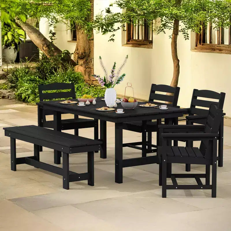 Hyleory 6-teiliges Outdoor-Ess-Set aus HDPE mit rechteckigem Tisch und Sonnenschirmöffnung, Bank und Armlehnstühlen