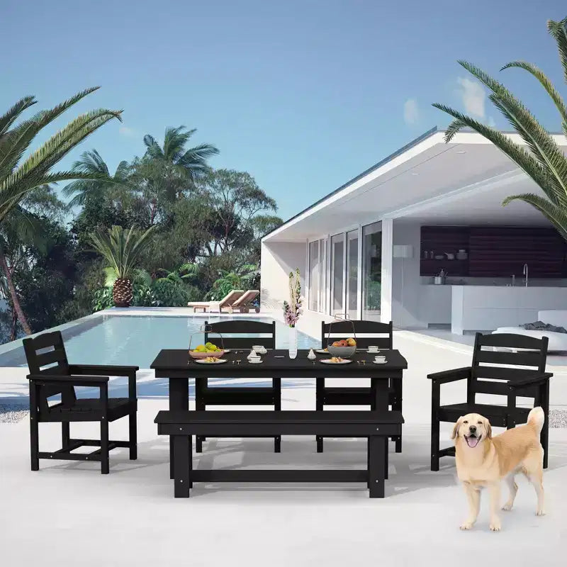 Hyleory 6-teiliges Outdoor-Ess-Set aus HDPE mit rechteckigem Tisch und Sonnenschirmöffnung, Bank und Armlehnstühlen