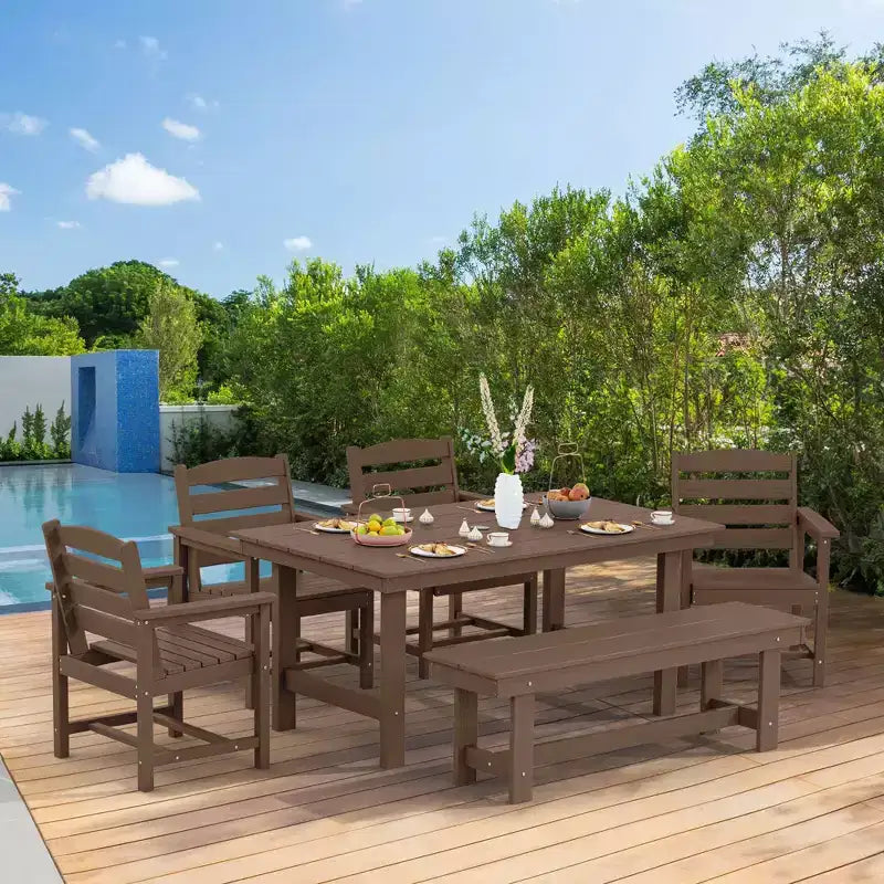 Hyleory 6-teiliges Outdoor-Ess-Set aus HDPE mit rechteckigem Tisch und Sonnenschirmöffnung, Bank und Armlehnstühlen