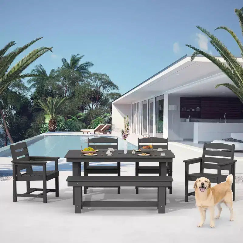 Hyleory 6-teiliges Outdoor-Ess-Set aus HDPE mit rechteckigem Tisch und Sonnenschirmöffnung, Bank und Armlehnstühlen