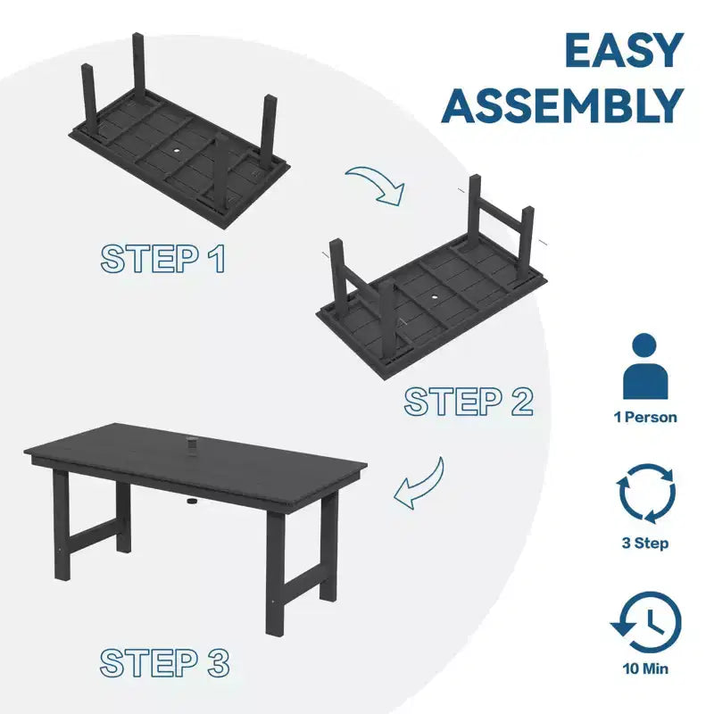 Hyleory 6-teiliges Outdoor-Ess-Set aus HDPE mit rechteckigem Tisch und Sonnenschirmöffnung, Bank und Armlehnstühlen