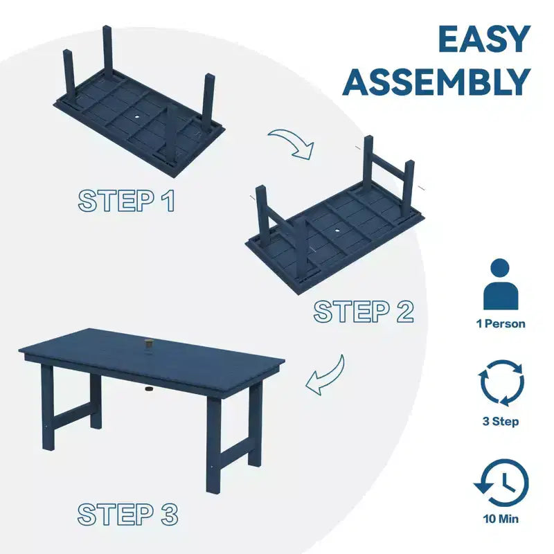 Hyleory 6-teiliges Outdoor-Ess-Set aus HDPE mit rechteckigem Tisch und Sonnenschirmöffnung, Bank und Armlehnstühlen