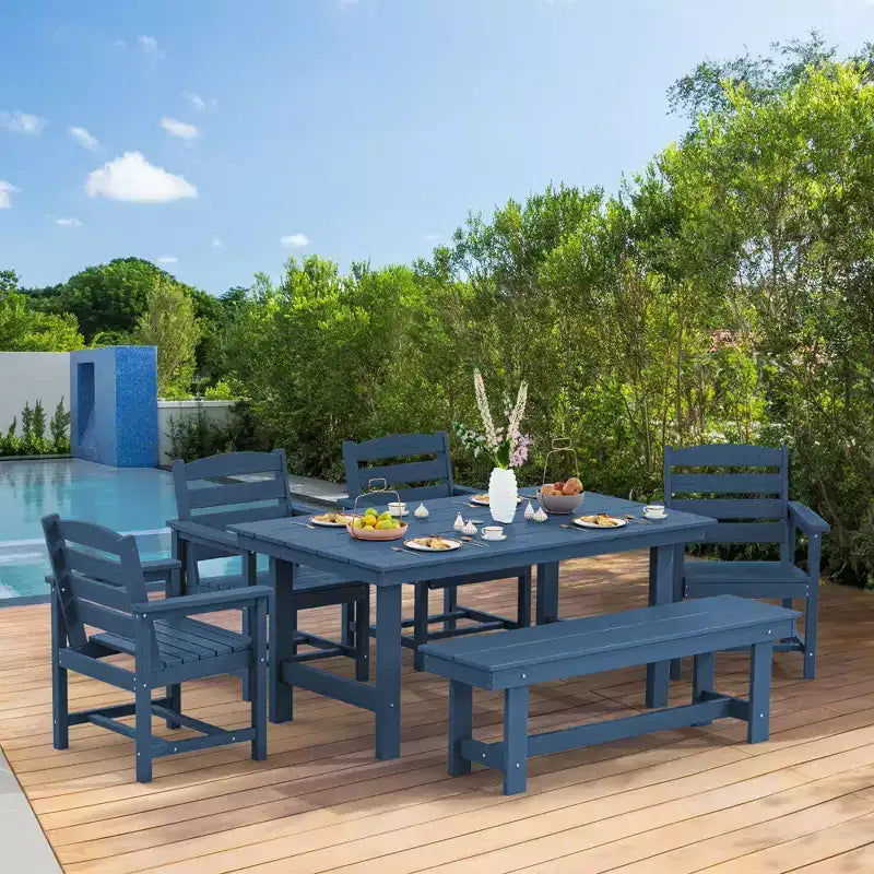 Hyleory 6-teiliges Outdoor-Ess-Set aus HDPE mit rechteckigem Tisch und Sonnenschirmöffnung, Bank und Armlehnstühlen