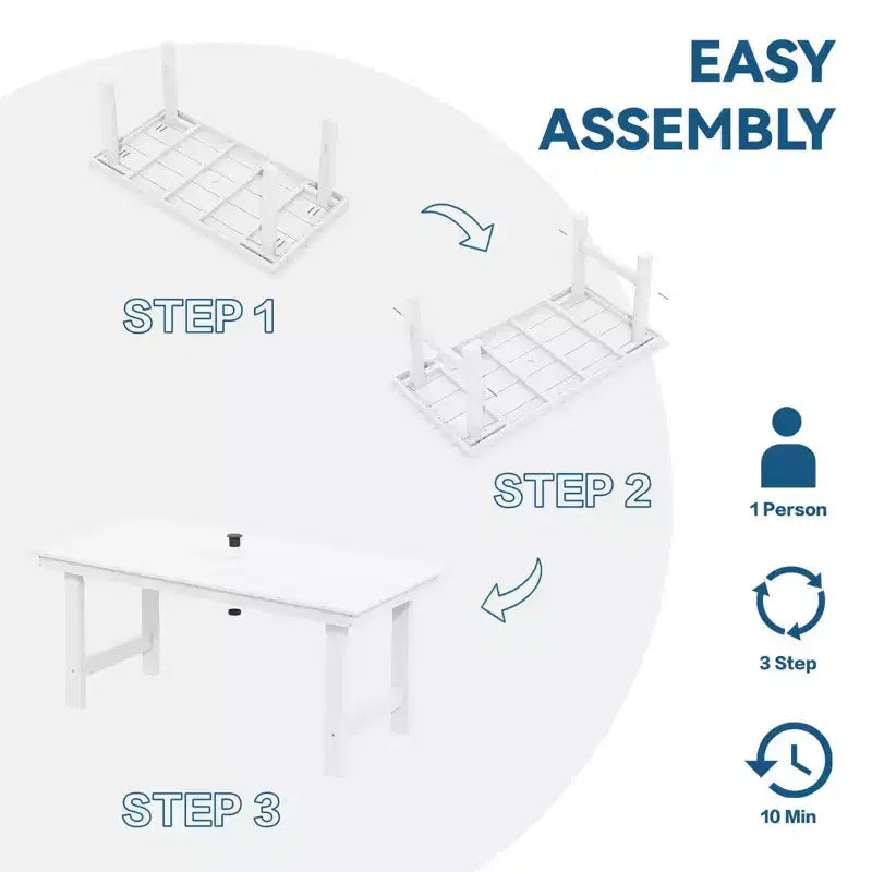 Hyleory 6-teiliges Outdoor-Ess-Set aus HDPE mit rechteckigem Tisch und Sonnenschirmöffnung, Bank und Armlehnstühlen