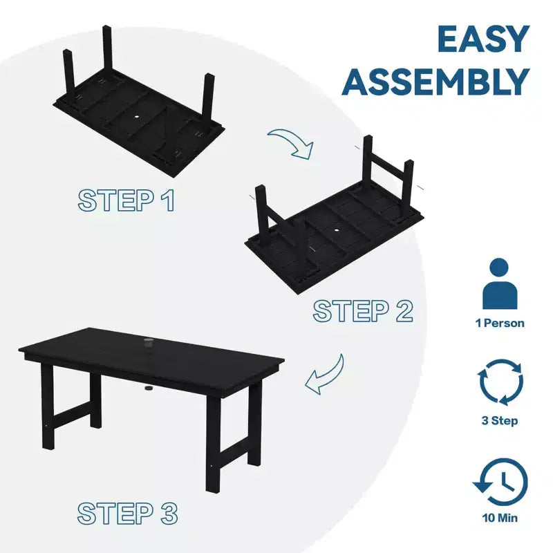 Hyleory 6-teiliges Outdoor-Ess-Set aus HDPE mit rechteckigem Tisch und Sonnenschirmöffnung, Bank und Armlehnstühlen