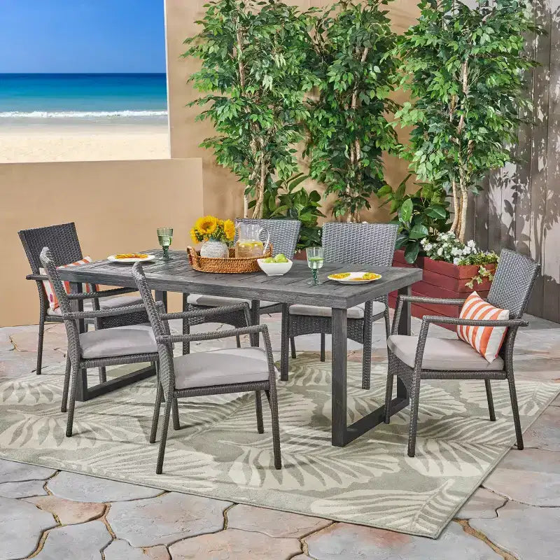 Conjunto de comedor de exterior Christopher Knight Home Garner de 7 piezas, de madera de acacia y mimbre, con cojín