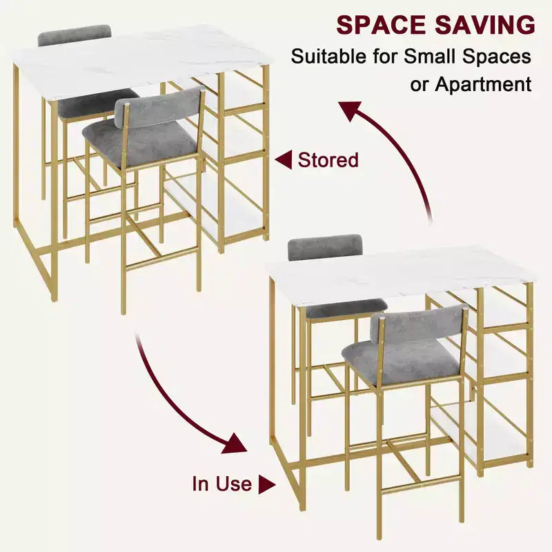 1 Dining Table & 2 High Chairs Bar Dining Set, Easy Assembly, Modern Compact Table Set for Kitchen Dining Room Small Space Home Furniture