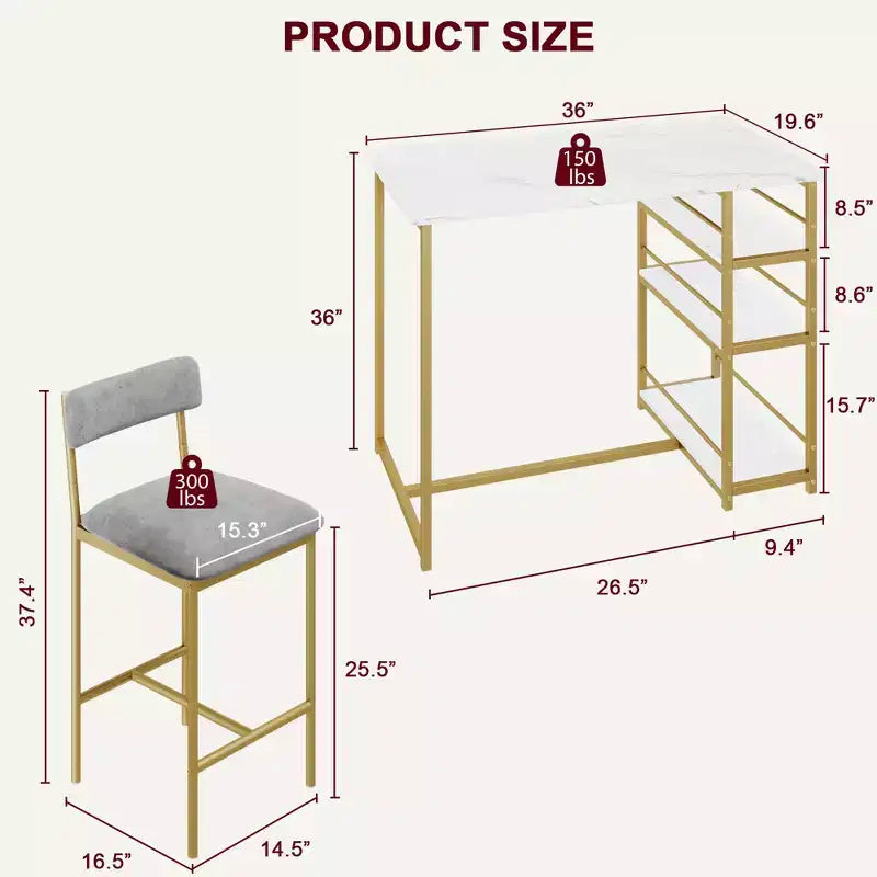 1 Dining Table & 2 High Chairs Bar Dining Set, Easy Assembly, Modern Compact Table Set for Kitchen Dining Room Small Space Home Furniture