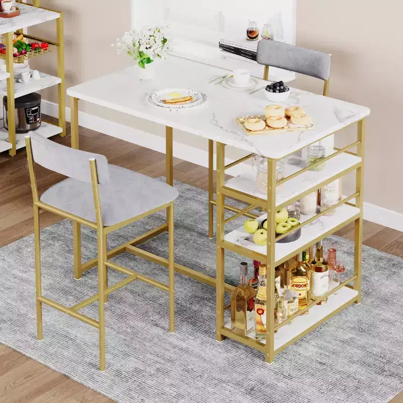 1 Dining Table & 2 High Chairs Bar Dining Set, Easy Assembly, Modern Compact Table Set for Kitchen Dining Room Small Space Home Furniture