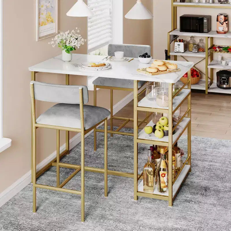 1 Dining Table & 2 High Chairs Bar Dining Set, Easy Assembly, Modern Compact Table Set for Kitchen Dining Room Small Space Home Furniture