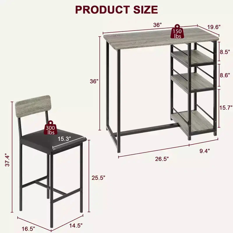 1 Dining Table & 2 High Chairs Bar Dining Set, Easy Assembly, Modern Compact Table Set for Kitchen Dining Room Small Space Home Furniture