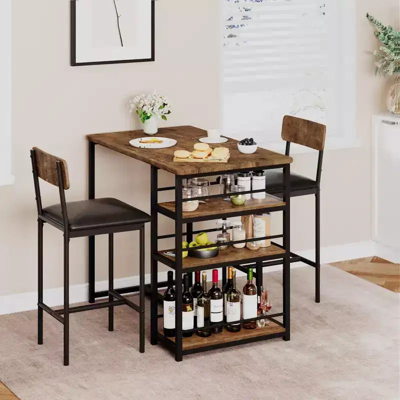 1 Dining Table & 2 High Chairs Bar Dining Set, Easy Assembly, Modern Compact Table Set for Kitchen Dining Room Small Space Home Furniture