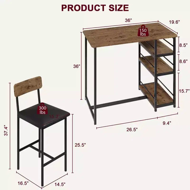 1 Dining Table & 2 High Chairs Bar Dining Set, Easy Assembly, Modern Compact Table Set for Kitchen Dining Room Small Space Home Furniture