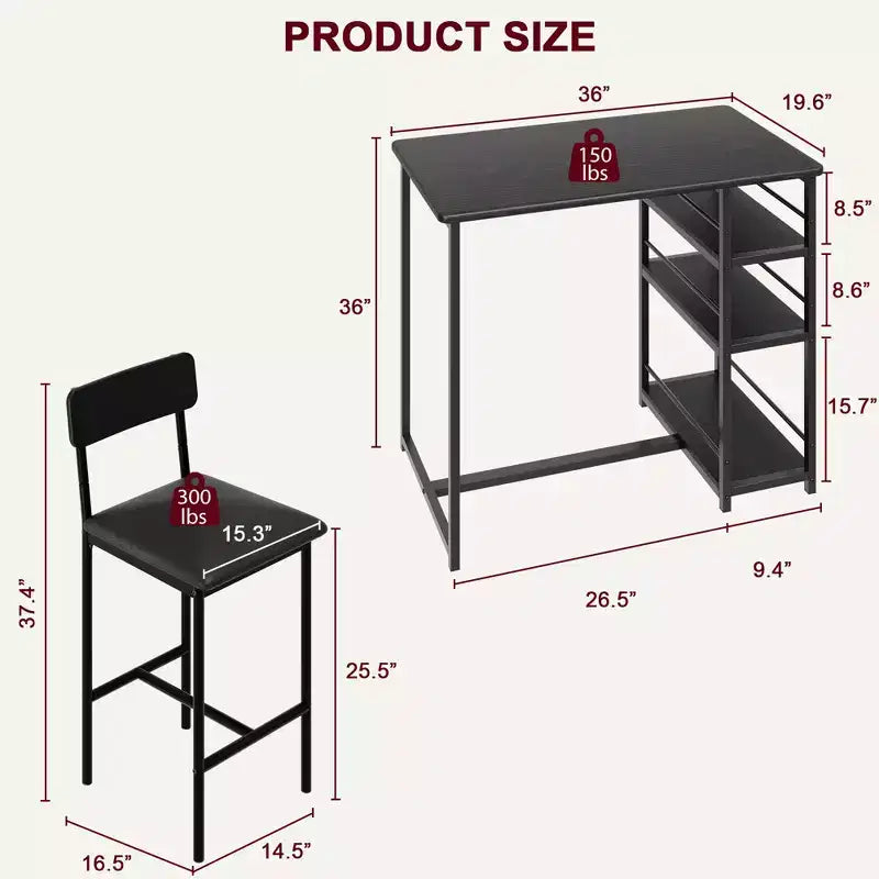 1 Dining Table & 2 High Chairs Bar Dining Set, Easy Assembly, Modern Compact Table Set for Kitchen Dining Room Small Space Home Furniture