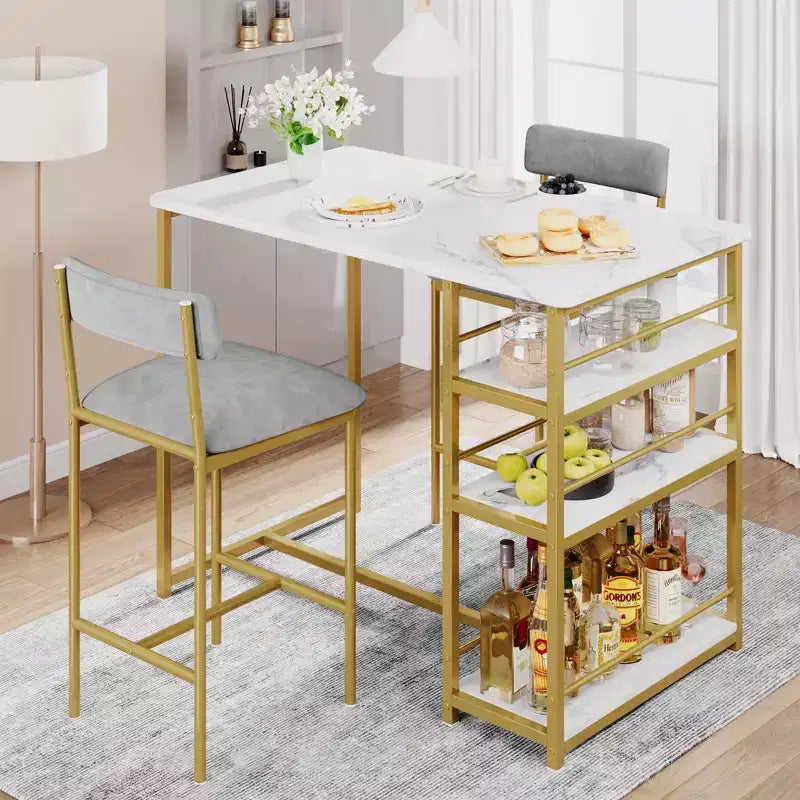 1 Dining Table & 2 High Chairs Bar Dining Set, Easy Assembly, Modern Compact Table Set for Kitchen Dining Room Small Space Home Furniture