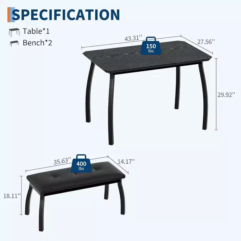3-Piece Dining Table Set, Rectangular Wooden Kitchen Table with 2 Upholstered Benches, Space-Saving Farmhouse Dinette Set